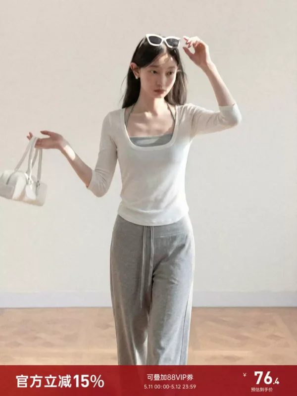 羊城故事 白色u领修身七分袖T恤女2026夏季挂脖吊带中袖两件套