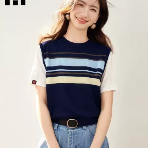 O1CN011O9Z5320fisC1eujg_4611686018427385037-0-item_pic.jpg_q50.jpg_.webp it :CHOCOOLATE 撞色条纹拼接短袖T恤女夏宽松显瘦通勤上衣针织衫