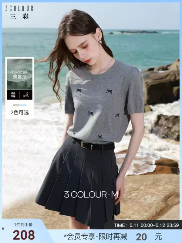 O1CN011QaBWm1tJYOzc0KSi_745475881-0-picasso.jpg_q50.jpg_.webp 【莱赛尔】三彩2026夏季新款蝴蝶结绣花针织衫短袖上衣套头衫女M
