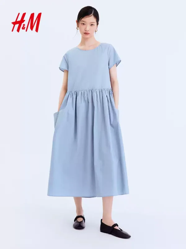 HM女装连衣裙2026夏季新款松弛慢人风掐腰气质棉质连身裙1337627