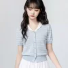 蓝色条纹针织短袖T恤女夏2026夏季新款镂空撞色V领打底衫短款上衣