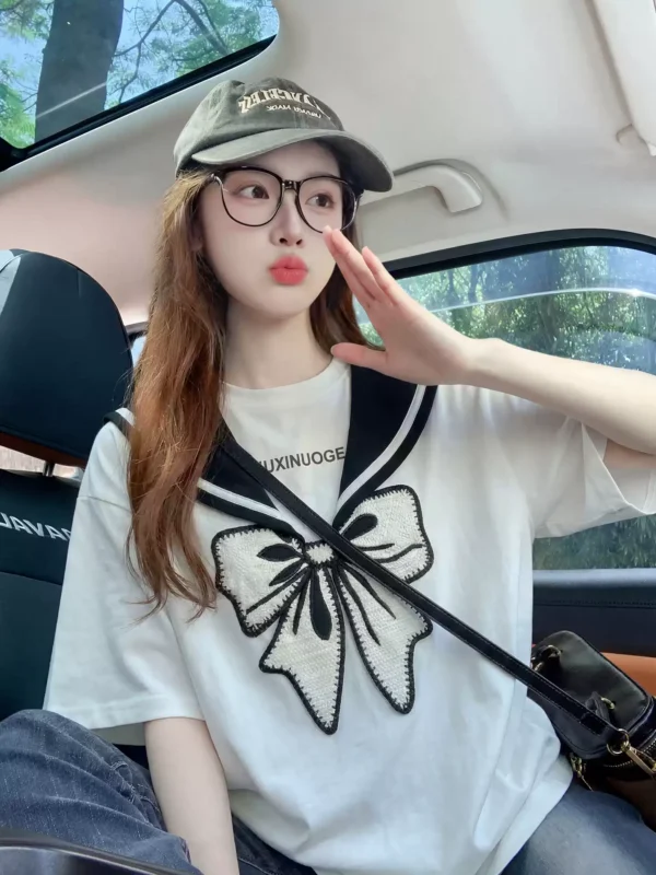 立体蝴蝶结刺绣短袖t恤女2026新款夏季韩系减龄设计感纯棉上衣ins