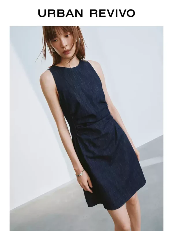 O1CN019HuHCK2FYax9VIynI_2104668892.jpg_q50.jpg_.webp UR2026夏季新款女装休闲简约抽褶圆领牛仔连衣裙UYY860133+#