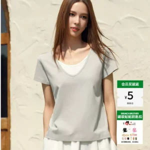 O1CN01BSEIAc1LUMojdrK7X_397341302-0-picasso.jpg_q50.jpg_.webp 森马短袖T恤女夏季棉麻假两件拼色U领2026新款气质简约风时尚衣服