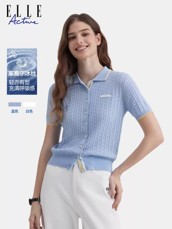 O1CN01C4twkc1QTW97j64G9_4611686018427387017-0-item_pic.jpg_q50.jpg_.webp 【轻氧户外】ELLE Active莱赛尔天丝短袖针织开衫polo领上衣舒适