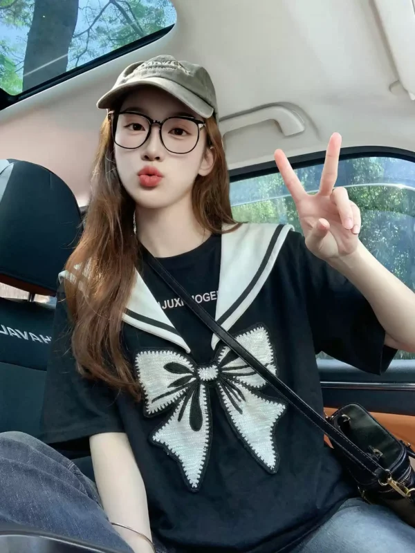 立体蝴蝶结刺绣短袖t恤女2026新款夏季韩系减龄设计感纯棉上衣ins