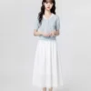 蓝色条纹针织短袖T恤女夏2026夏季新款镂空撞色V领打底衫短款上衣
