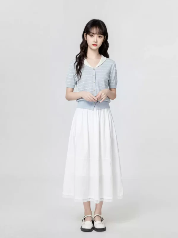 蓝色条纹针织短袖T恤女夏2026夏季新款镂空撞色V领打底衫短款上衣
