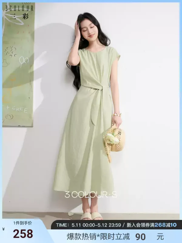 O1CN01EQZxPD1tJYOzPz2nH_745475881-0-picasso.jpg_q50.jpg_.webp 三彩2026夏季新款浅绿色短袖连衣裙圆领绑带收腰A字长裙简约女S