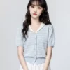 蓝色条纹针织短袖T恤女夏2026夏季新款镂空撞色V领打底衫短款上衣