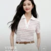 秋水伊人条纹短袖T恤女2026夏季新款休闲简约V领百搭时尚polo上衣