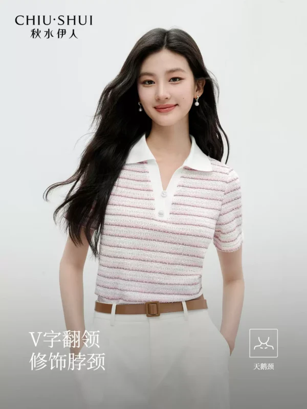 秋水伊人条纹短袖T恤女2026夏季新款休闲简约V领百搭时尚polo上衣