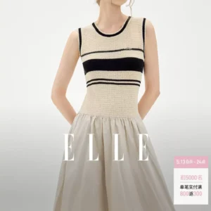【莫瑞花园】ELLE针织条纹连衣裙女装2026夏新款优雅a字背心裙子