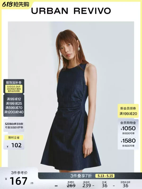 O1CN01ISJzBG2FYaxMooPSY_2104668892.jpg_q50.jpg_.webp UR2026夏季新款女装休闲简约抽褶圆领牛仔连衣裙UYY860133+#