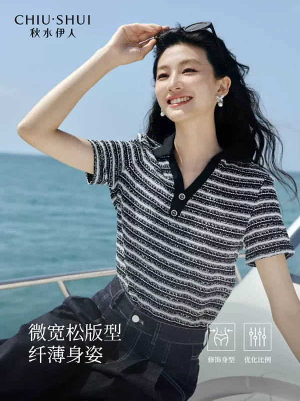 秋水伊人条纹短袖T恤女2026夏季新款休闲简约V领百搭时尚polo上衣