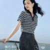 秋水伊人条纹短袖T恤女2026夏季新款休闲简约V领百搭时尚polo上衣