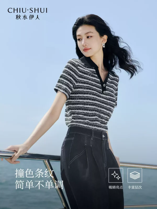 秋水伊人条纹短袖T恤女2026夏季新款休闲简约V领百搭时尚polo上衣