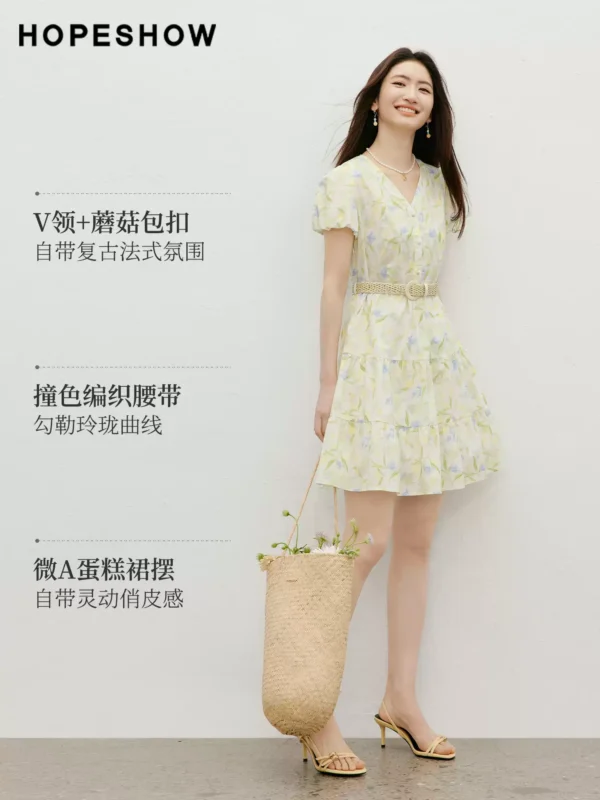 周也代言红袖碎花连衣裙2026夏季新款女装田园风泡泡袖100%棉裙