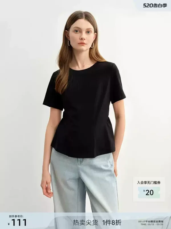 独束大码女装【风吟荷摆】公主线分割弧形碎褶显瘦T恤正肩上衣