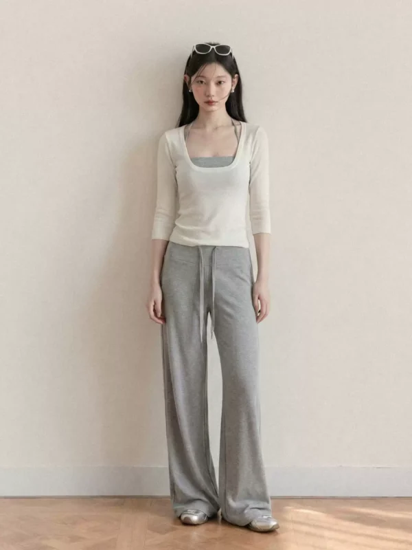 羊城故事 白色u领修身七分袖T恤女2026夏季挂脖吊带中袖两件套