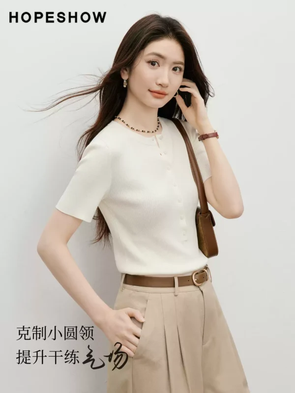 红袖灰色针织衫2026夏季新款女装细坑条半开襟淡人高知穿搭上衣