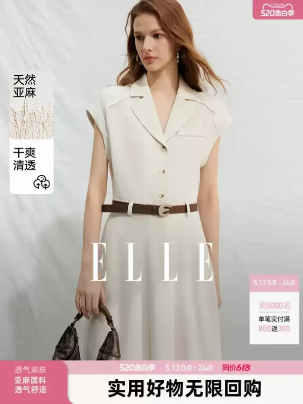 O1CN01Ss2sVZ22Xb5UMpjyi_2209697117130-0-yinheaigc.jpg_q50.jpg_.webp ELLE老钱风亚麻连衣裙女2026夏新款收腰松弛感通勤时尚a字裙长裙