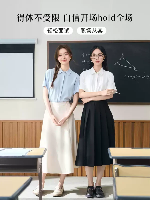 伯德小姐白色雪纺短袖衬衫女士夏季职业上衣教资面试穿搭正装衬衣