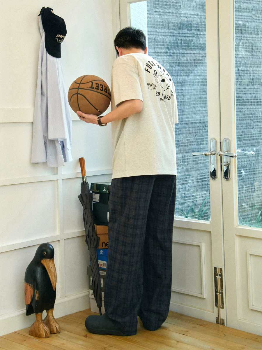 714street日系复古轻薄格子直筒长裤2025春秋季纯棉宽松休闲裤男 - 图片 4