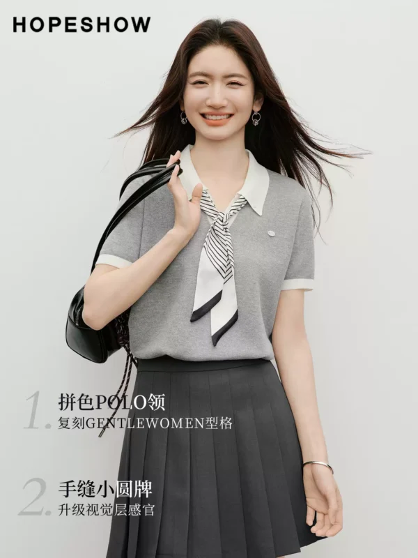 红袖POLO针织衫2026夏季新款女装撞色丝巾韩系温柔氛围感穿搭上衣