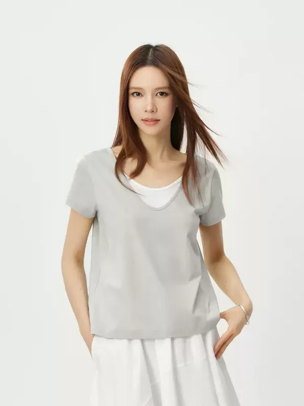 O1CN01VWuEcr1LUMo7AP7R0_397341302.jpg_q50.jpg_.webp 森马短袖T恤女夏季棉麻假两件拼色U领2026新款气质简约风时尚衣服