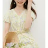 周也代言红袖碎花连衣裙2026夏季新款女装田园风泡泡袖100%棉裙