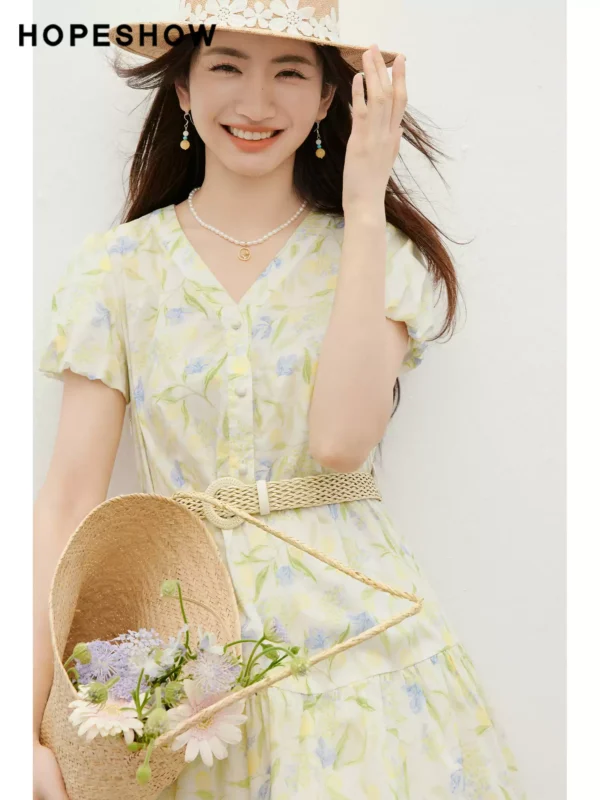 周也代言红袖碎花连衣裙2026夏季新款女装田园风泡泡袖100%棉裙