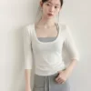 羊城故事 白色u领修身七分袖T恤女2026夏季挂脖吊带中袖两件套
