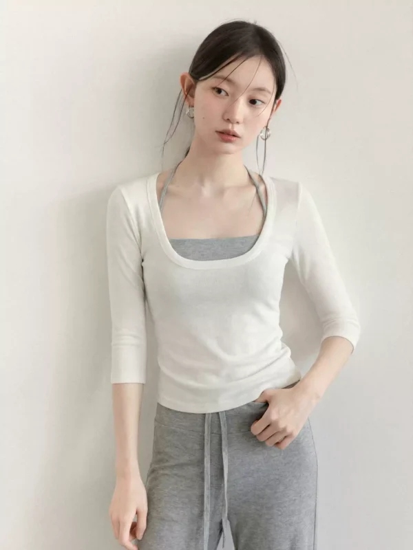 羊城故事 白色u领修身七分袖T恤女2026夏季挂脖吊带中袖两件套