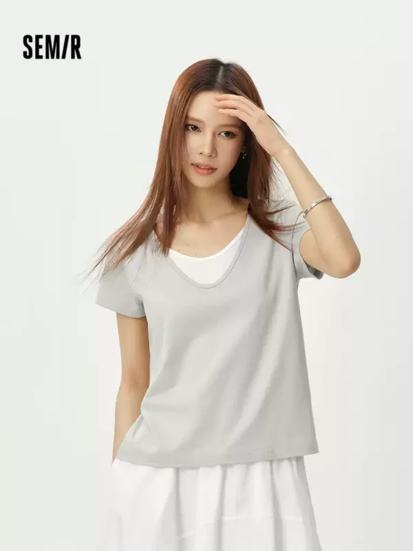 O1CN01Y5k3lS1LUMo7UCXV2_397341302.jpg_q50.jpg_.webp 森马短袖T恤女夏季棉麻假两件拼色U领2026新款气质简约风时尚衣服