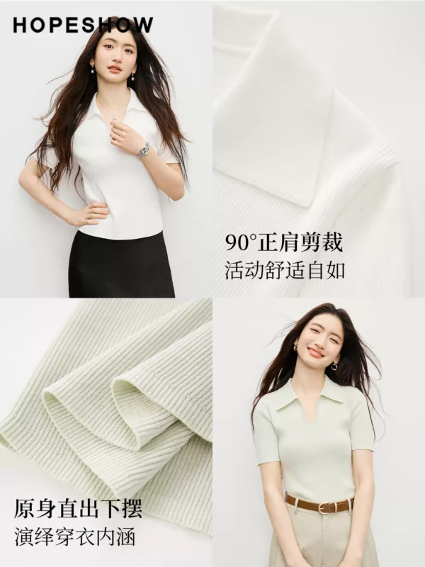 红袖粉色甜美针织衫2026春夏新款女装细坑条短袖POLO领修身上衣