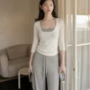 羊城故事 白色u领修身七分袖T恤女2026夏季挂脖吊带中袖两件套