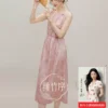 红袖国风连衣裙2026夏季新款女装暗纹提花系带串珠压褶圆领无袖裙