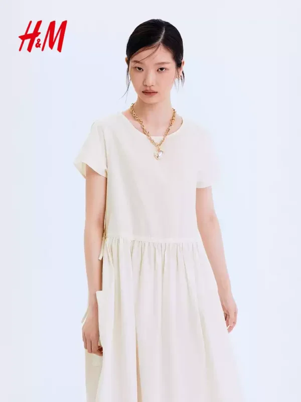 HM女装连衣裙2026夏季新款松弛慢人风掐腰气质棉质连身裙1337627