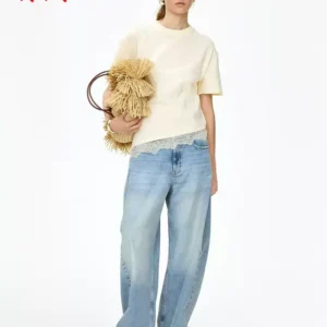 O1CN01mjko2W1UUDE1zjxFI_4611686018427386696-0-item_pic.jpg_q50.jpg_.webp HM女装T恤2026夏季新款休闲时尚气质不对称蕾丝边T恤1342556