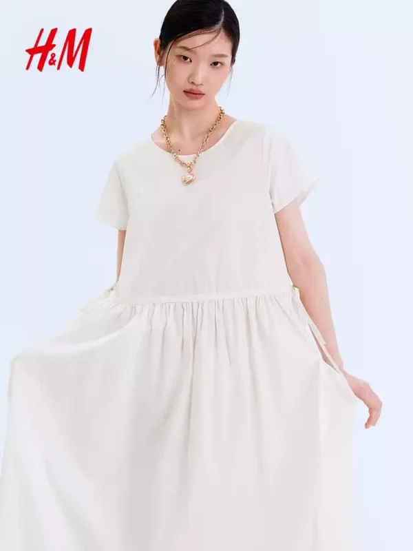 HM女装连衣裙2026夏季新款松弛慢人风掐腰气质棉质连身裙1337627