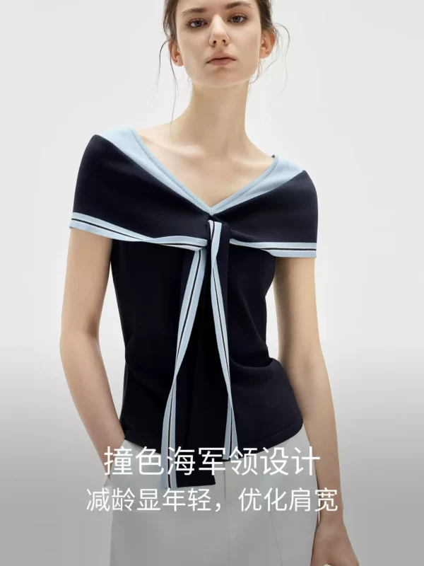 O1CN01oqJ1JF22Xb5O67Z9d-2209697117130.jpg_q50.jpg_.webp ELLE海军领无袖手风琴针织衫女2026夏季高级感慵懒修身法式白上衣