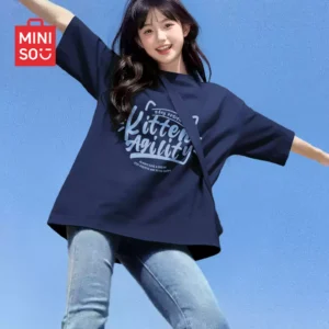 O1CN01qanOJA281QxJV1Px3_4611686018427387856-0-item_pic.jpg_q50.jpg_.webp 名创优品纯棉短袖t恤女2026新款夏季穿搭小个子冰丝罩衫蓝色上衣D