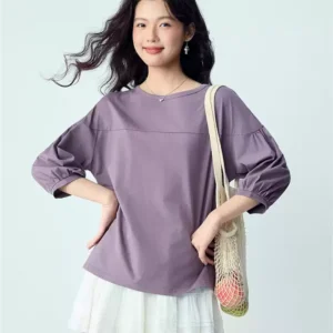 O1CN01qnYE7z2BTJvqPj31o_94008339-0-picasso.jpg_q50.jpg_.webp 佐丹奴七分袖上衣女新款纯棉纯色女士宽松圆领灯笼袖t恤13326210