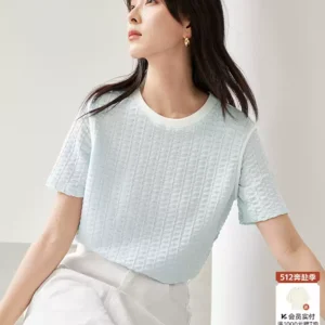 O1CN01rdERFt1O62cvnXlpJ_1870451655-0-picasso.jpg_q50.jpg_.webp 对白微皱肌理感撞色正肩短袖t恤女2026夏季新款圆领宽松显瘦上衣
