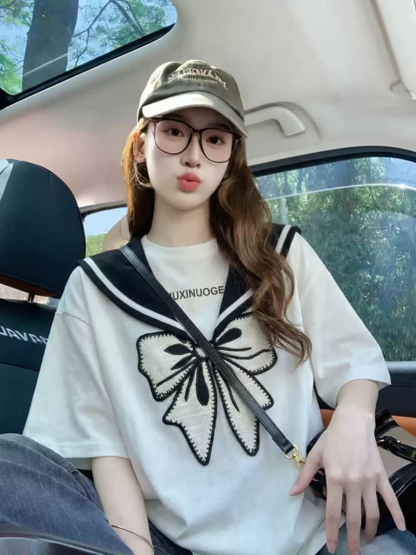 立体蝴蝶结刺绣短袖t恤女2026新款夏季韩系减龄设计感纯棉上衣ins