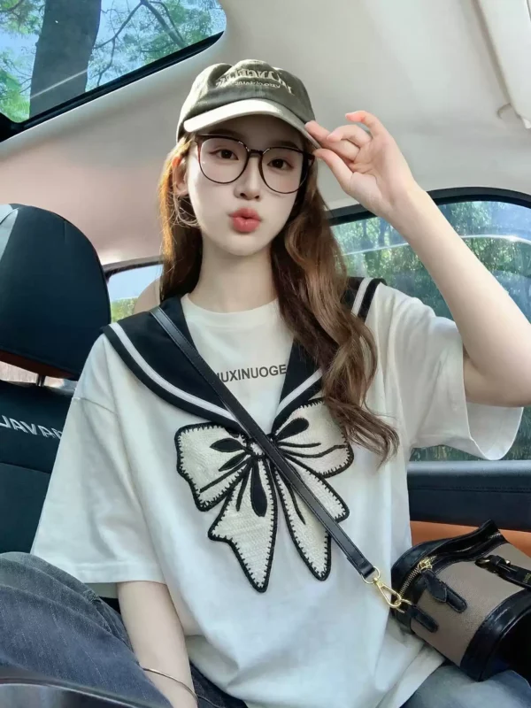 立体蝴蝶结刺绣短袖t恤女2026新款夏季韩系减龄设计感纯棉上衣ins