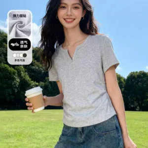 O1CN01sczjsV1xfm53xpqA7_2456386471-0-picasso.jpg_q50.jpg_.webp 班尼路灰色v领正肩t恤女短袖2026夏季新款特别漂亮掐腰短款上衣H