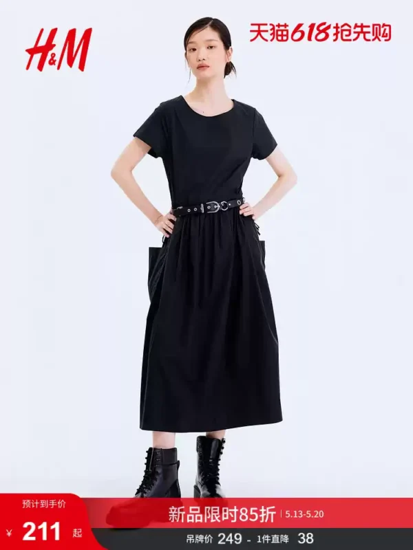 HM女装连衣裙2026夏季新款松弛慢人风掐腰气质棉质连身裙1337627