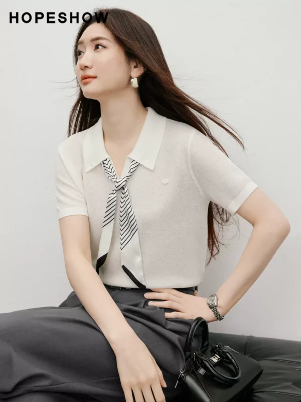 红袖POLO针织衫2026夏季新款女装撞色丝巾韩系温柔氛围感穿搭上衣